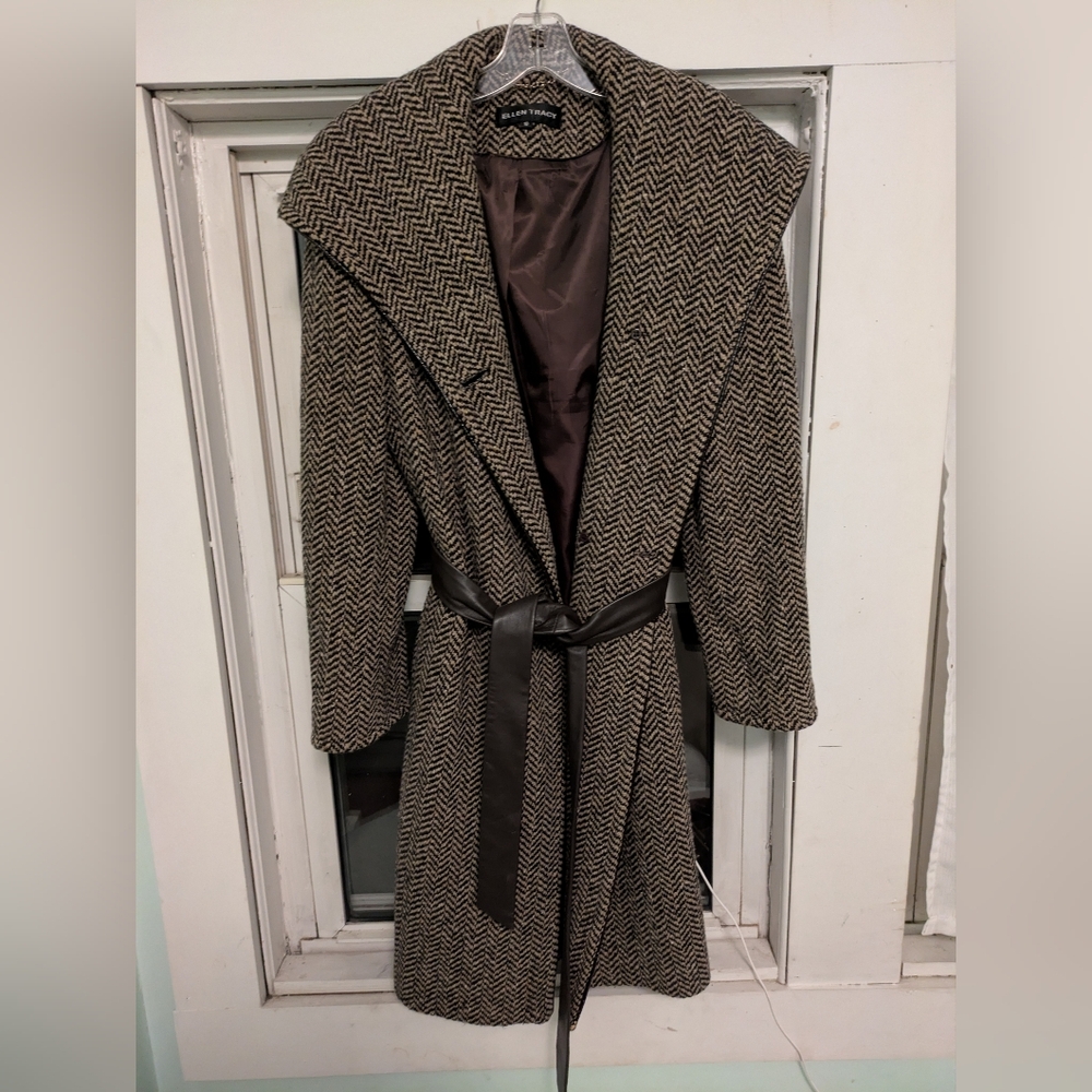Ellen Tracy Tweed & Leather Coat Size 10